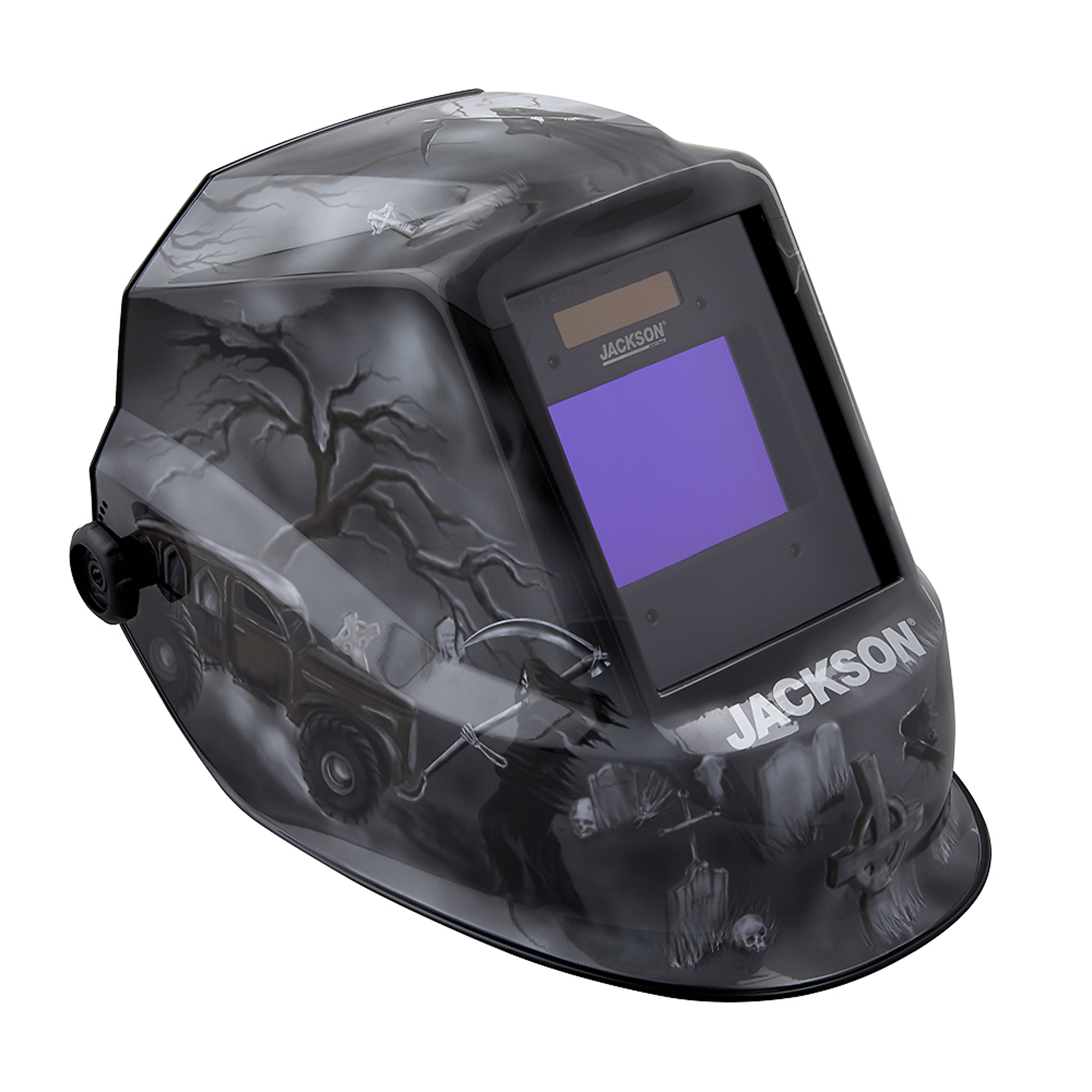 Jackson Safety - Welding Helmet - Auto Darkening - Nylon - 3.94" x 2.36" Viewing Area - Shade 10 Fixed ADF 1/1/1/1 - 370 Speed Dial Headgear - 6 Feet Under Graphics - Model # 47100